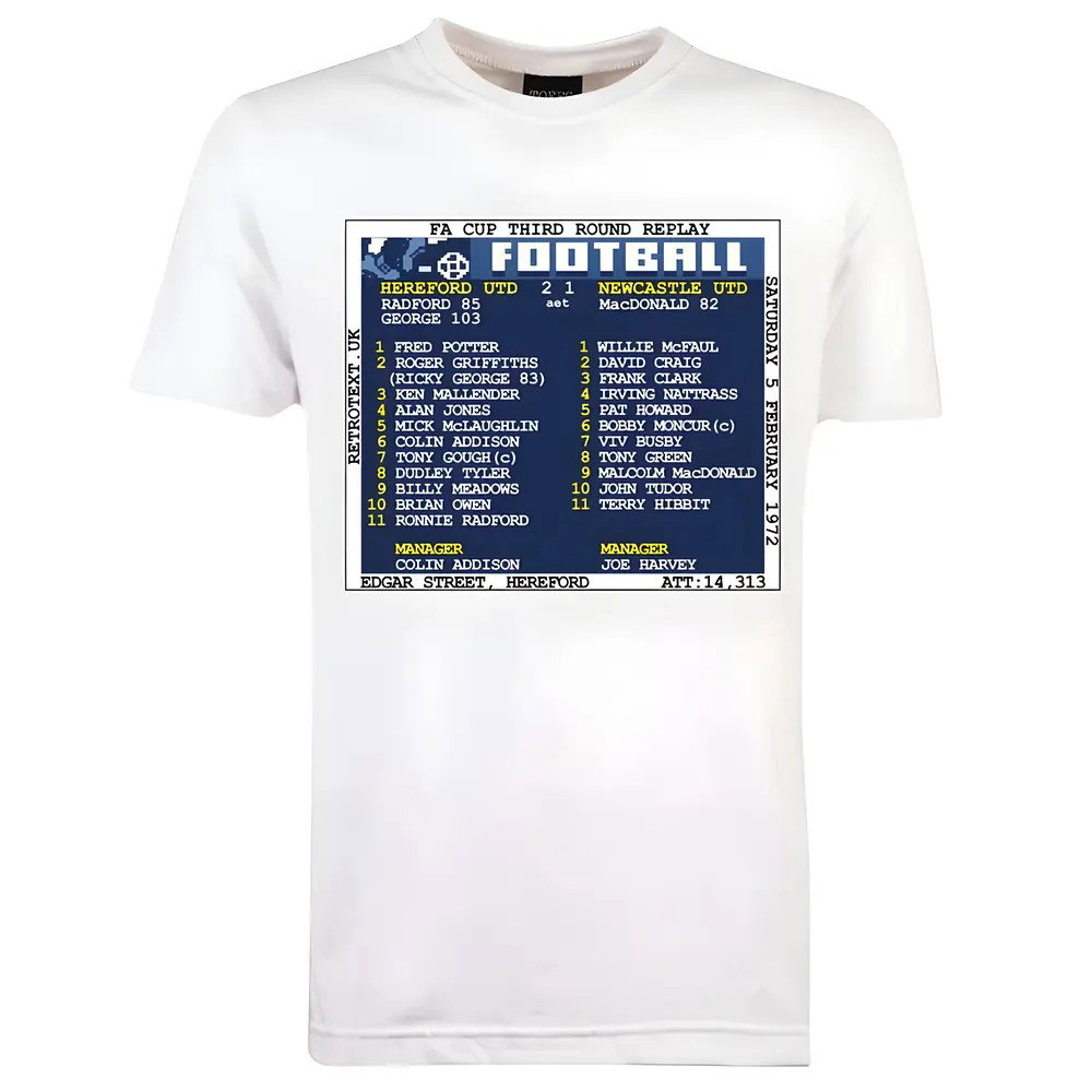 1972 Hereford Utd v Newcastle United (Hereford) Retrotext T-Shirt - White