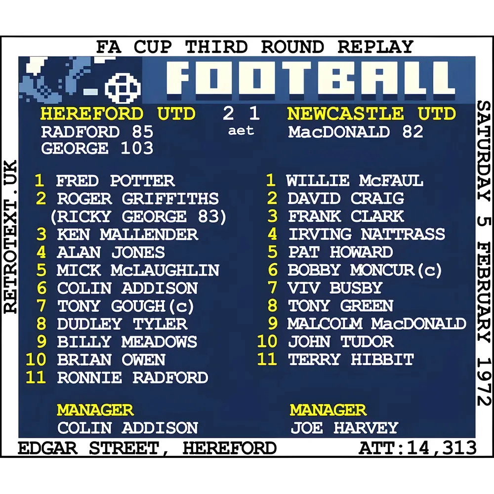 1972 Hereford Utd v Newcastle United (Hereford) Retrotext T-Shirt - White
